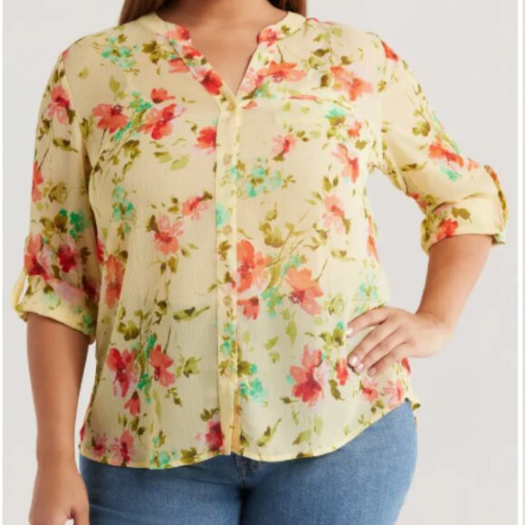 KUT from the Kloth Jasmine Roll Sleeve Amboise Soft Yellow Coral Top M - Picture 1 of 3